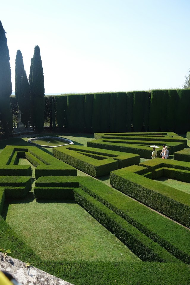 Een formele tuin met geschoren lage hagen in geometrische vakken