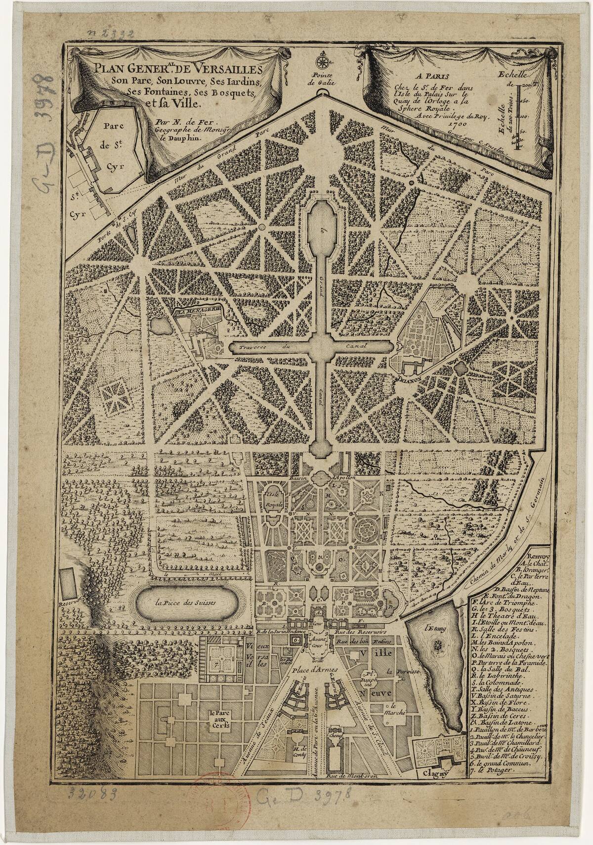 Ingekleurd plan van Versailles uit 1700, met het park, de tuinen en de stad