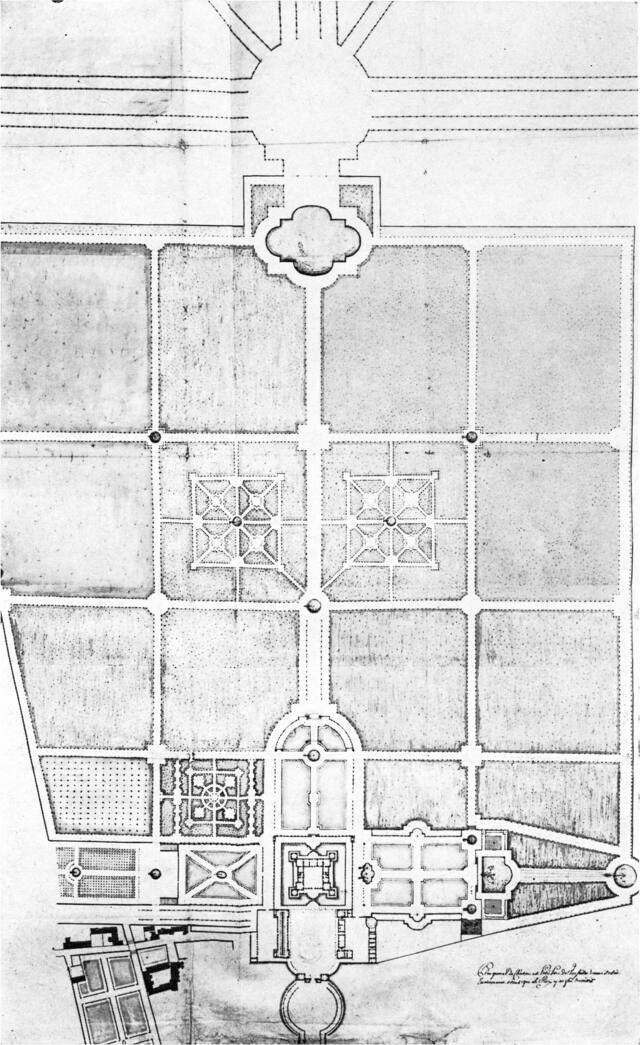 Een oud plan van de tuinen van Versailles, met parterres, lanen en een middenas